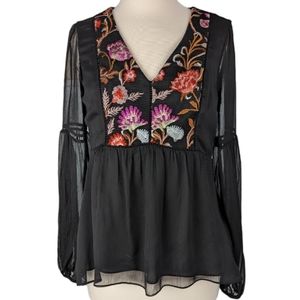 White House Black Market Long Sleeved Embroidered Sheer Layered Empire Waist Top